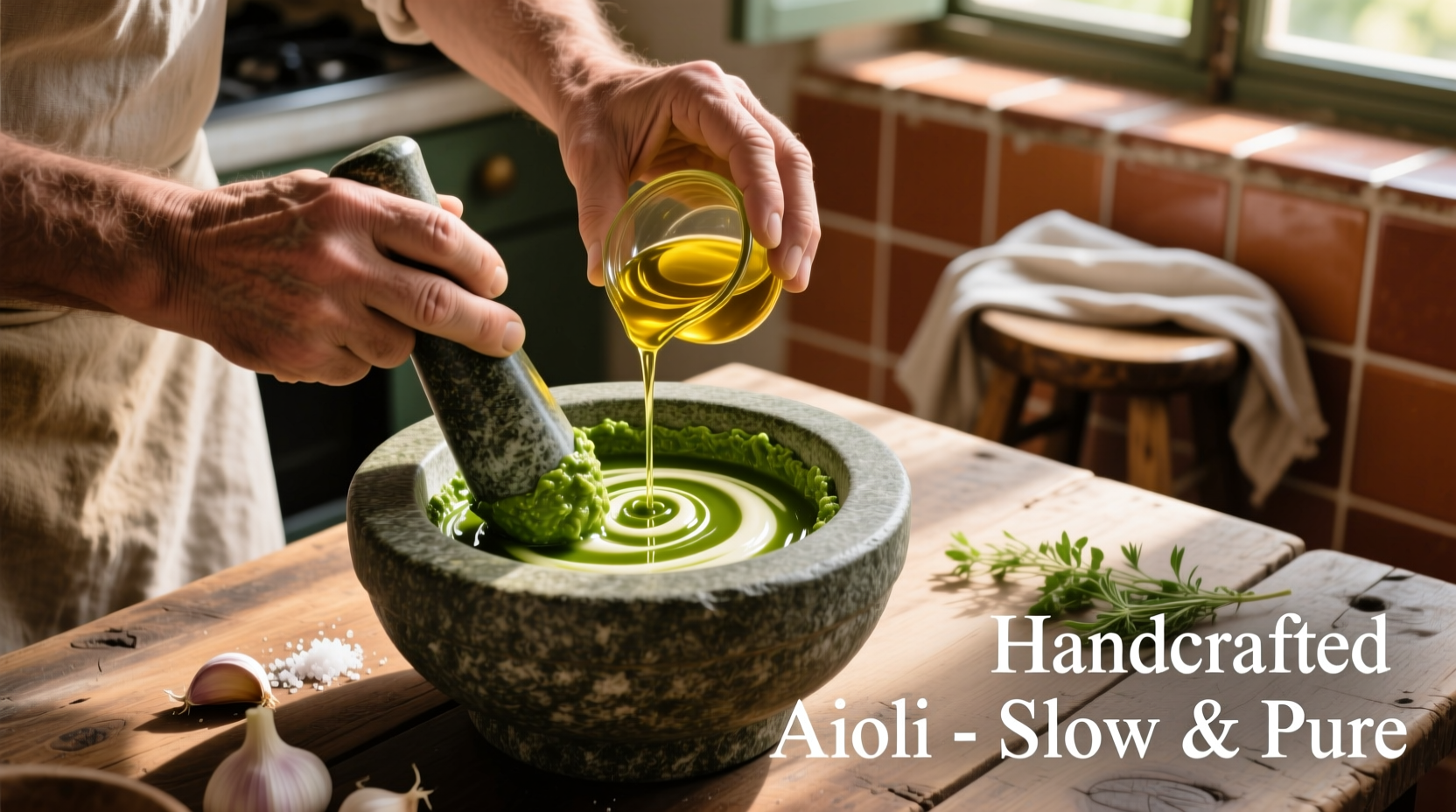 Hand preparing traditional aioli in mortar with olive oil