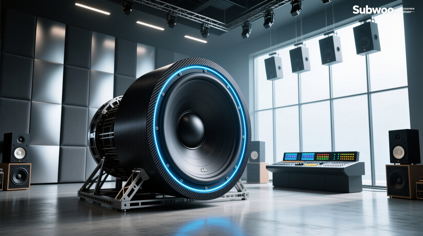 Ascendo 100-inch subwoofer on display in a professional studio setting