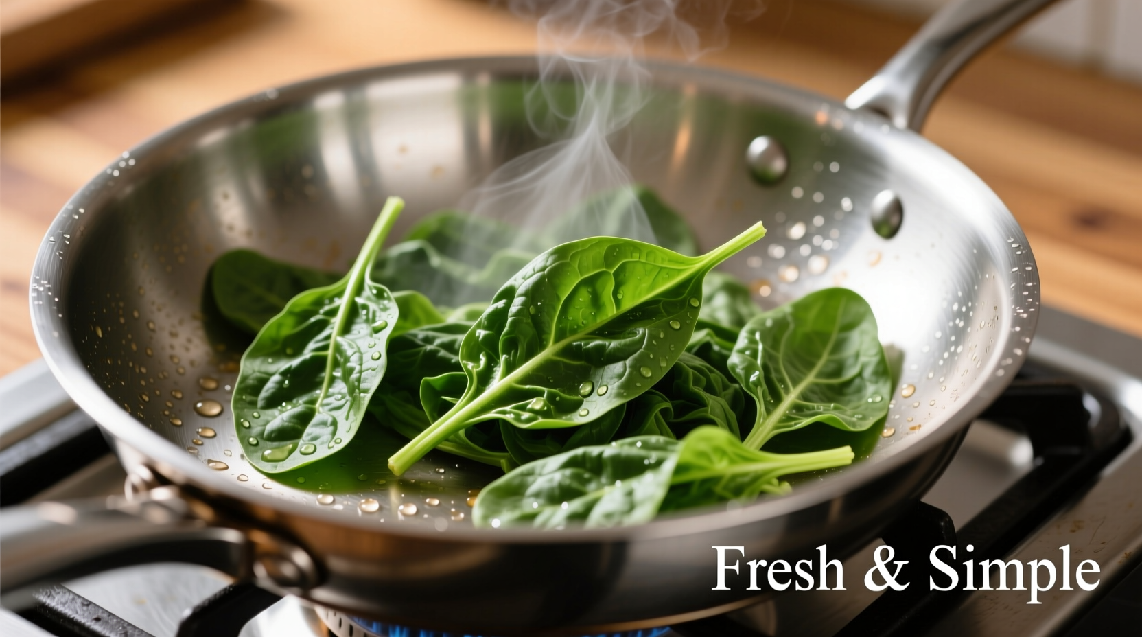 Fresh spinach wilting in a stainless steel skillet