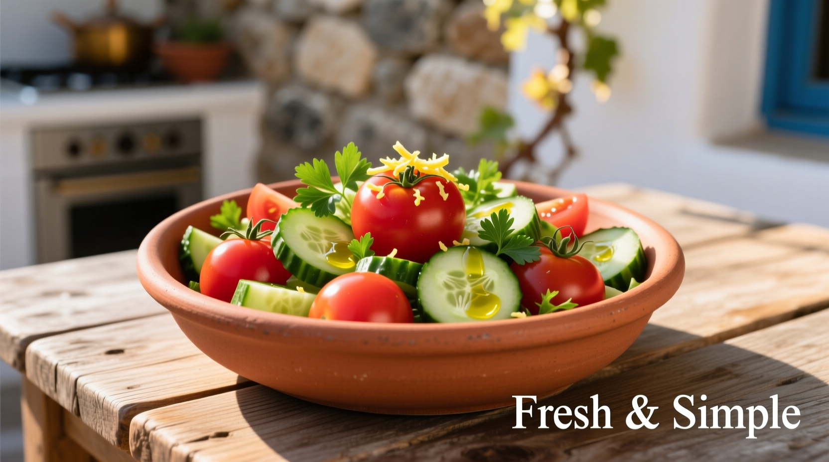 Fresh Mediterranean tomato cucumber salad in terra cotta bowl