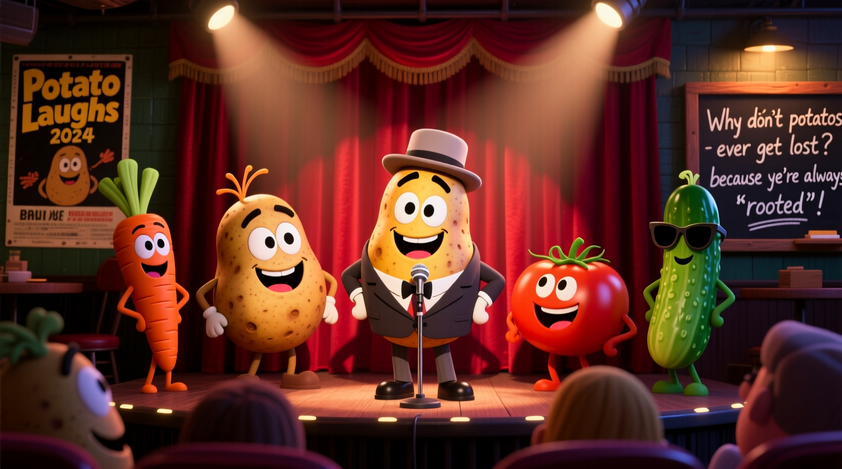 Cartoon potatoes telling jokes at a comedy club