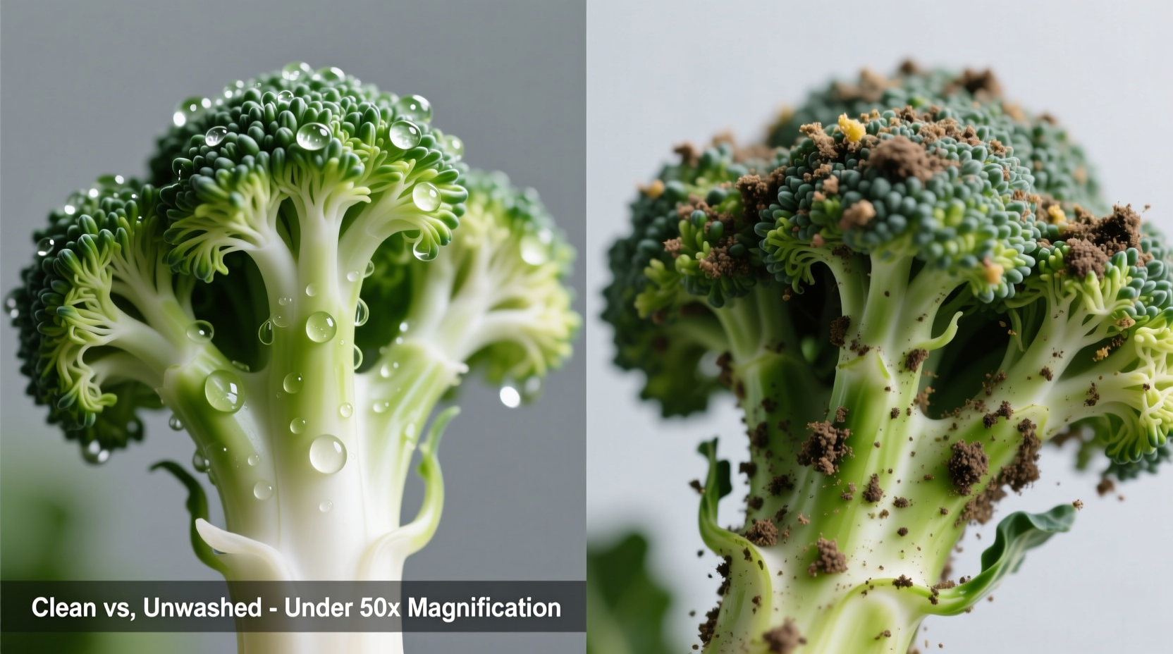 Comparison of clean versus unwashed produce under magnification