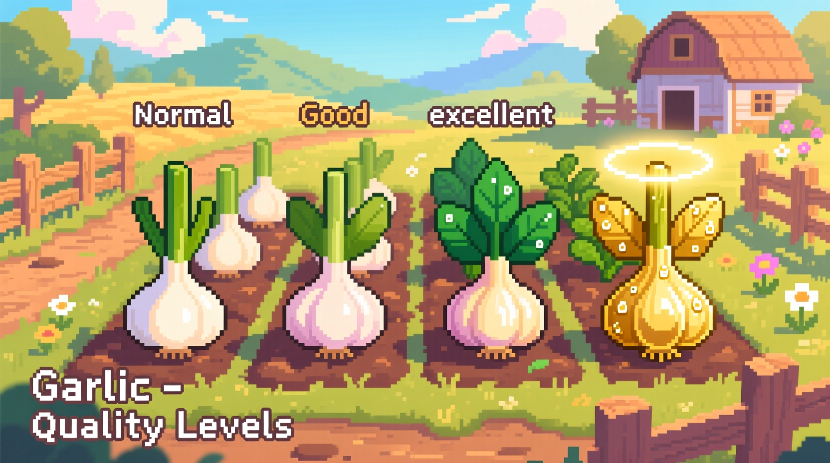 Stardew Valley garlic crop in various quality levels