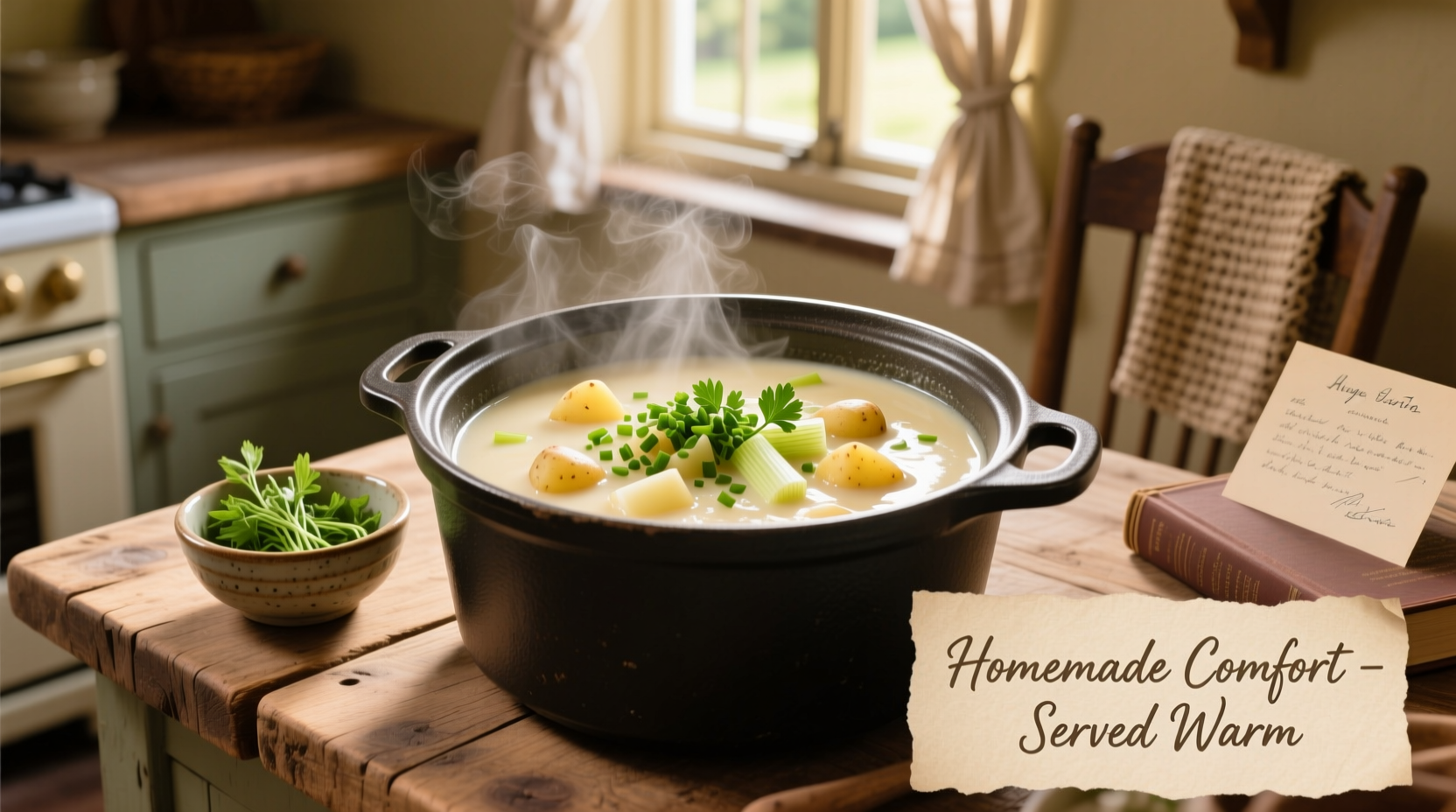 Creamy potato leek soup in slow cooker with fresh herbs