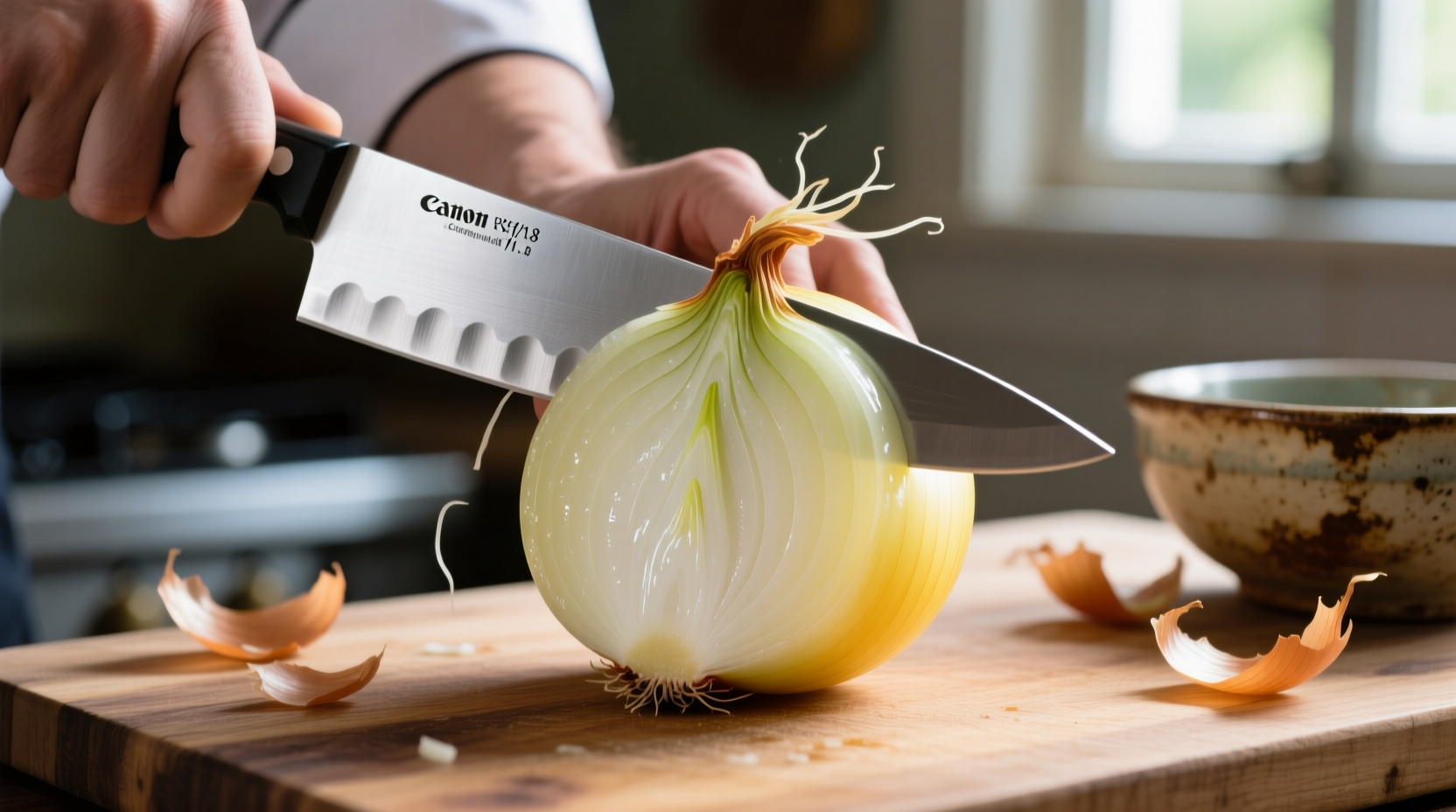 slicing an onion