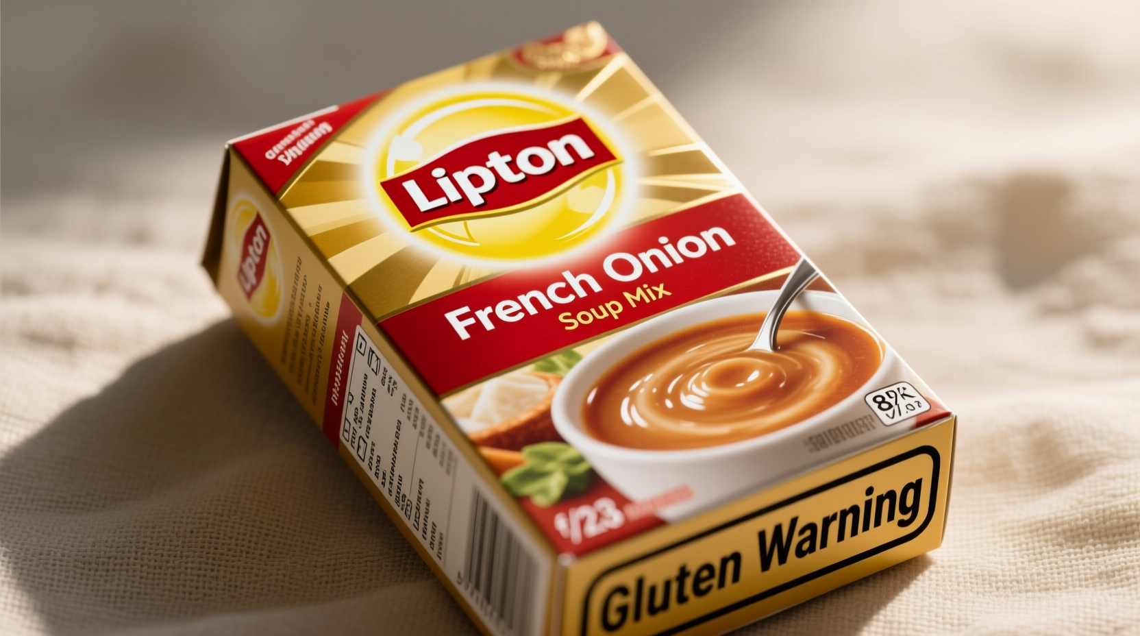 Lipton French Onion Soup Mix package with gluten warning
