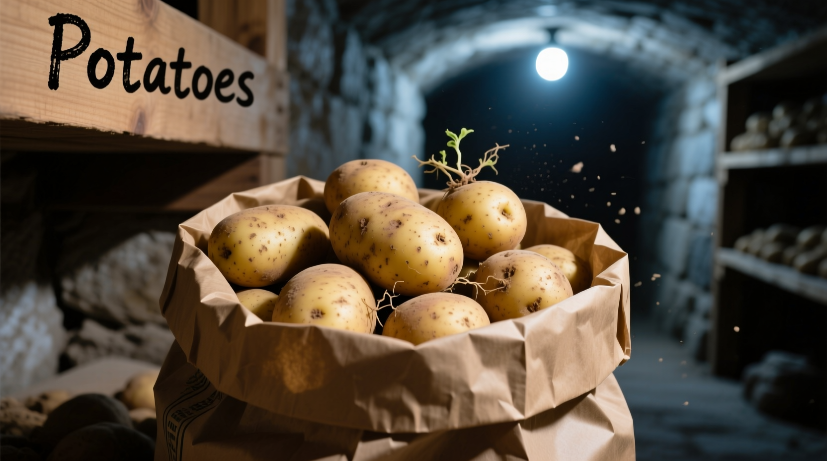 Properly stored potatoes in paper bag with ideal conditions
