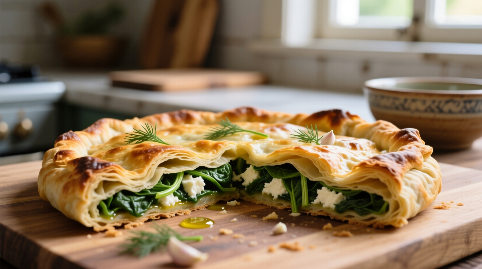 Golden baked spinach spanakopita with flaky layers