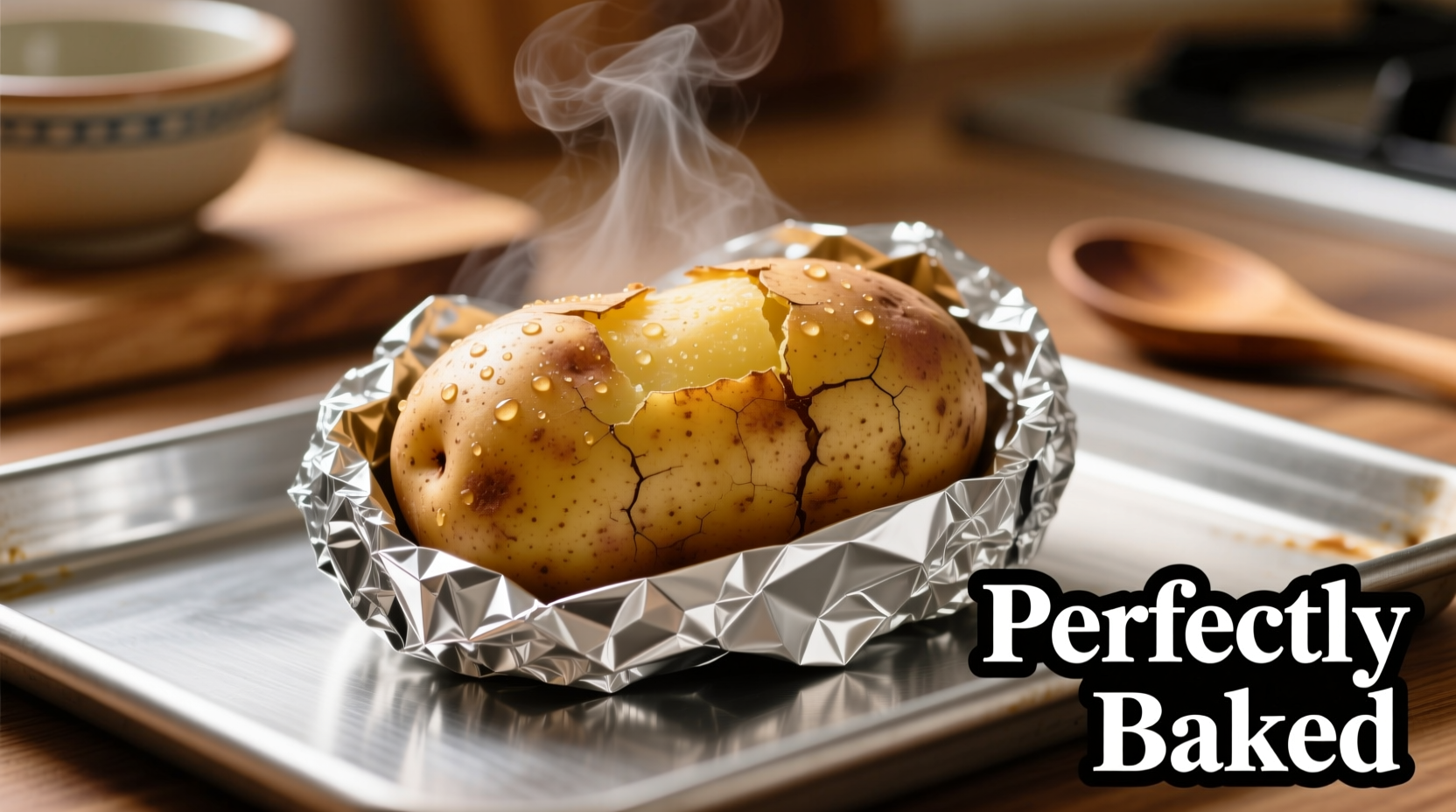 Perfectly baked potato wrapped in foil on baking sheet