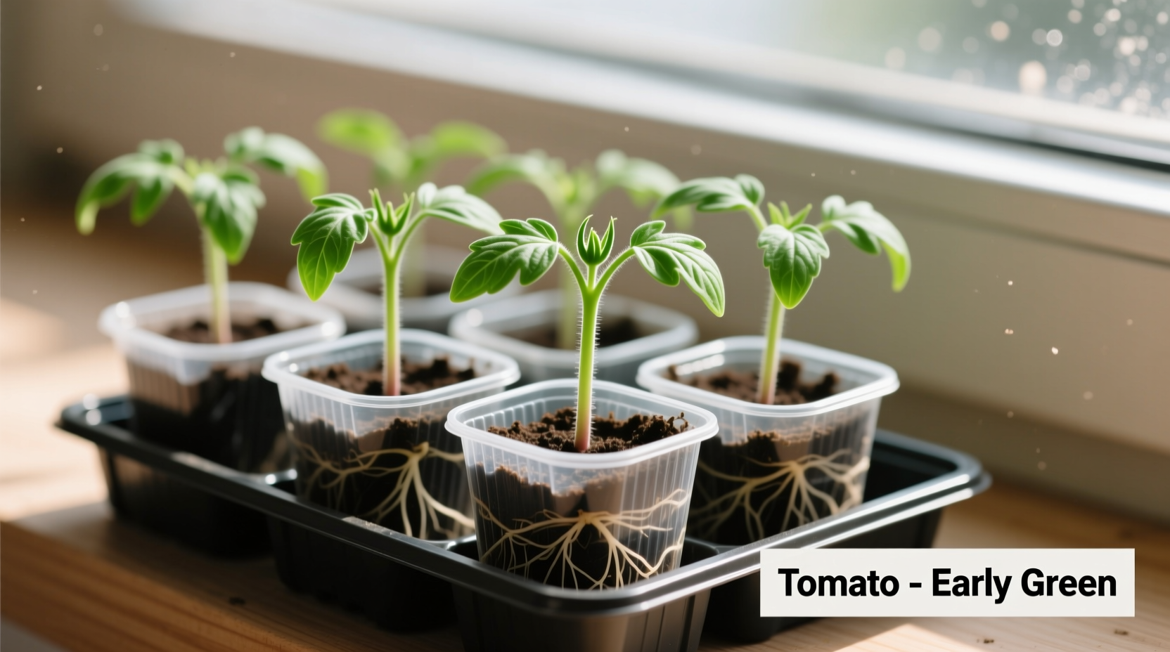 Healthy tomato seedlings in starter pots with proper spacing