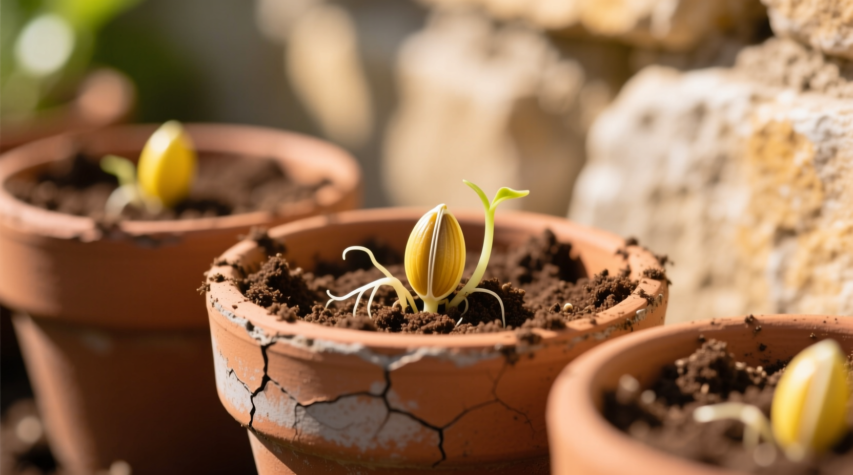 Close-up of lemon seeds planted in small terracotta pots