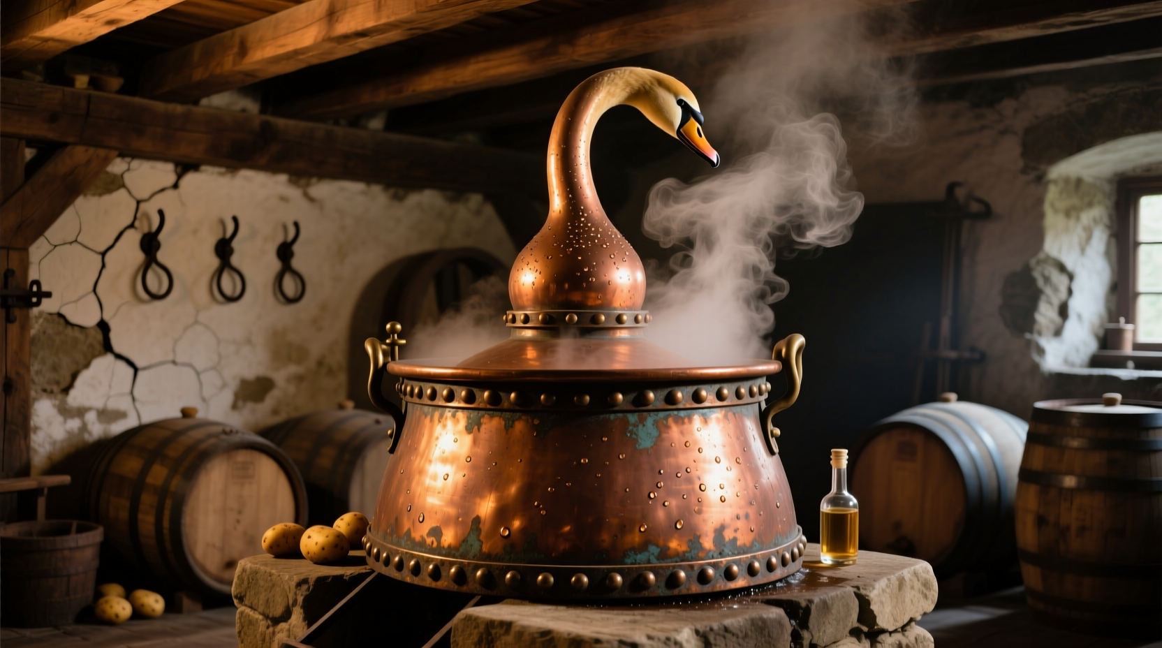 Traditional copper pot still used in potato vodka production