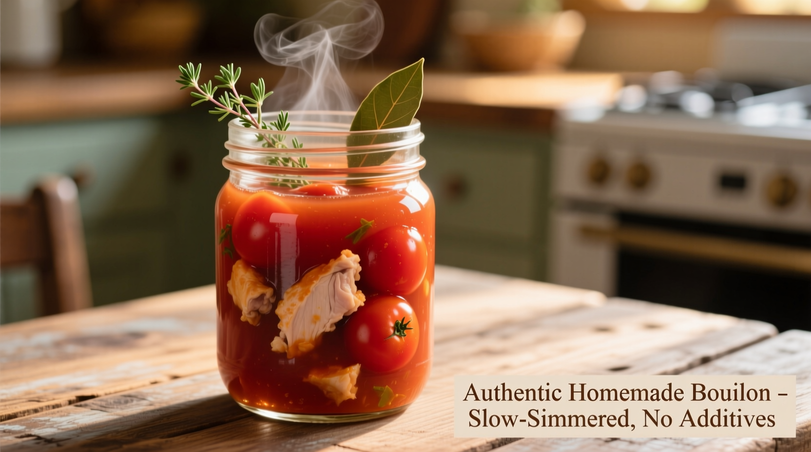 Homemade tomato chicken bouillon in a clear container showing rich color