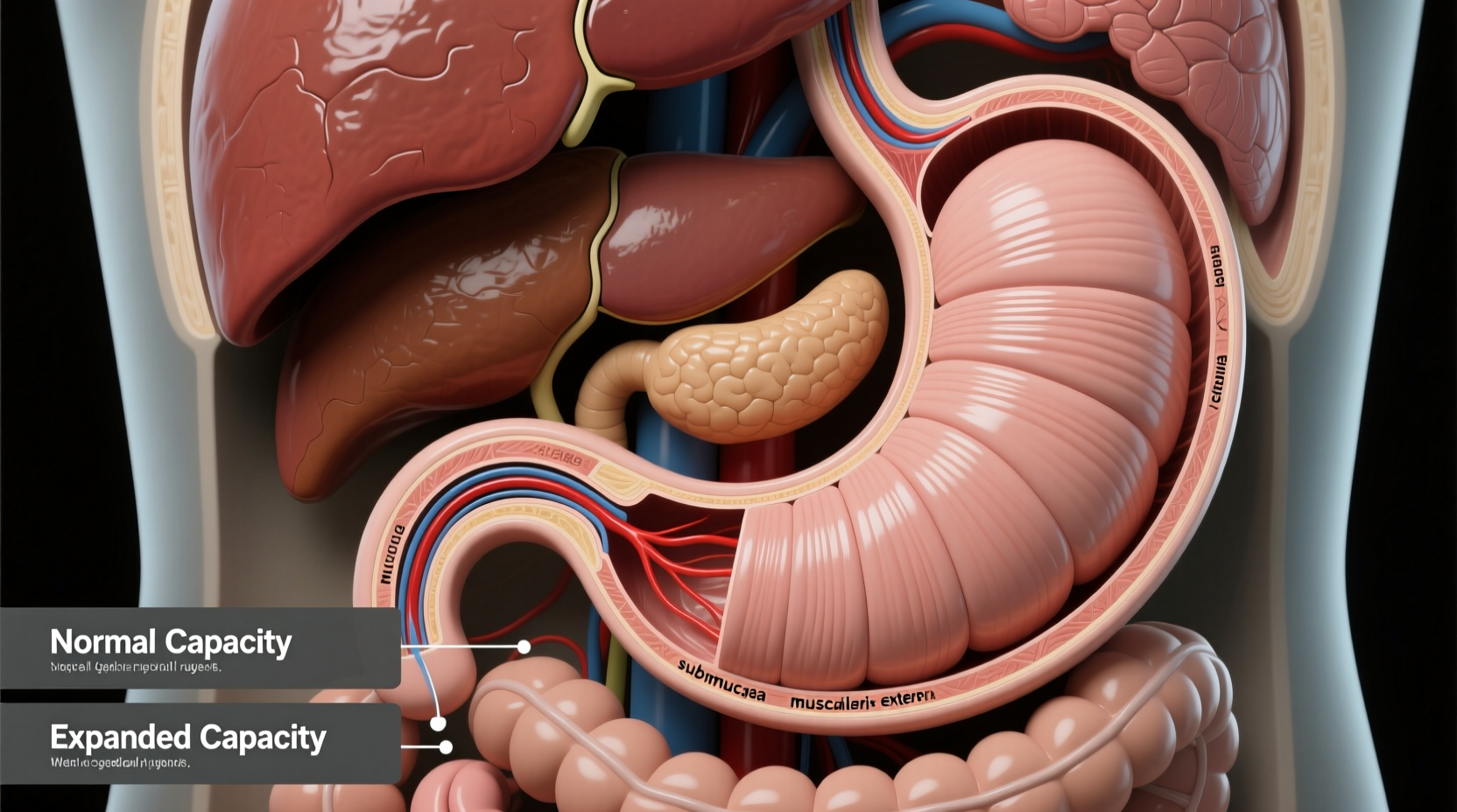 Human stomach anatomy showing normal and expanded capacity