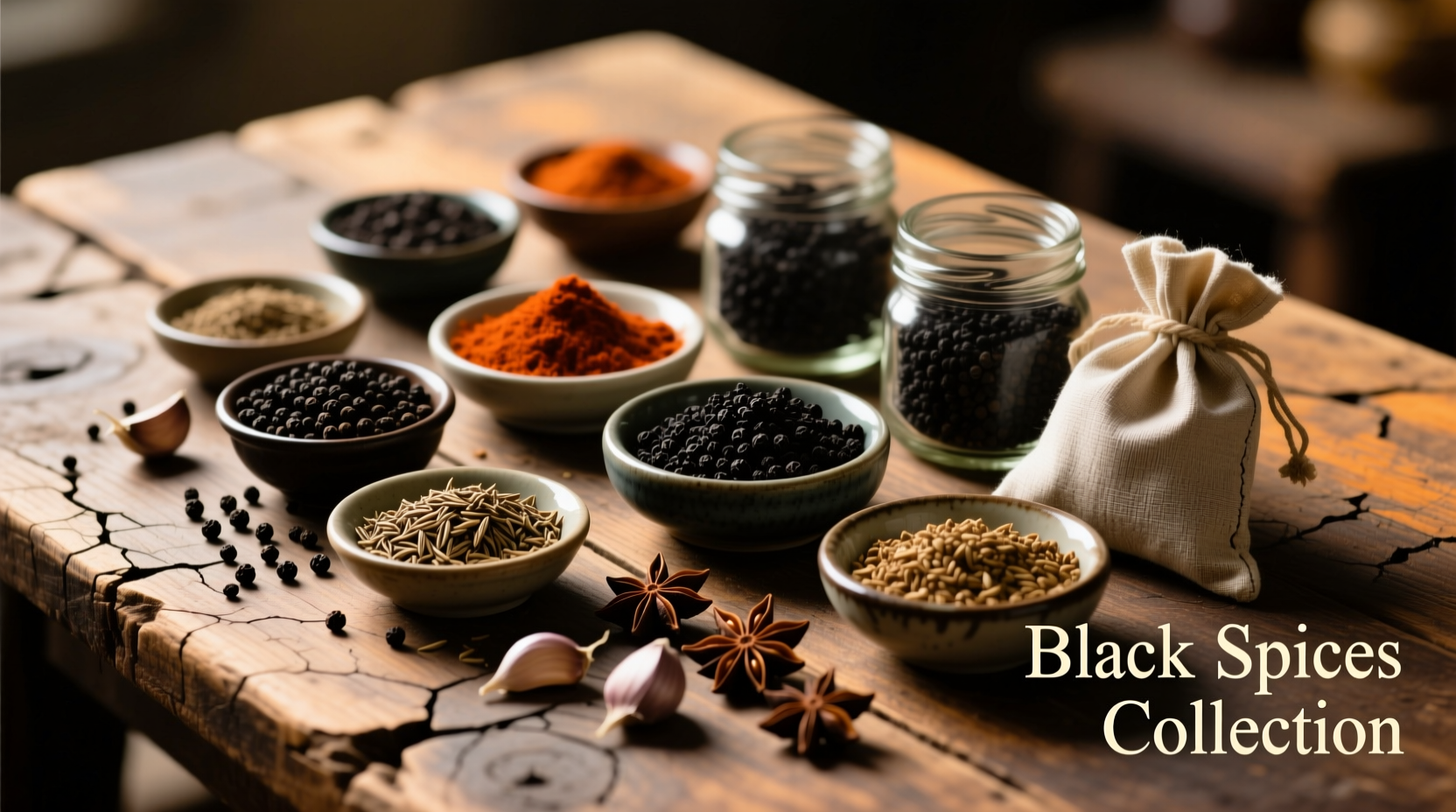 Assortment of black spices on wooden background
