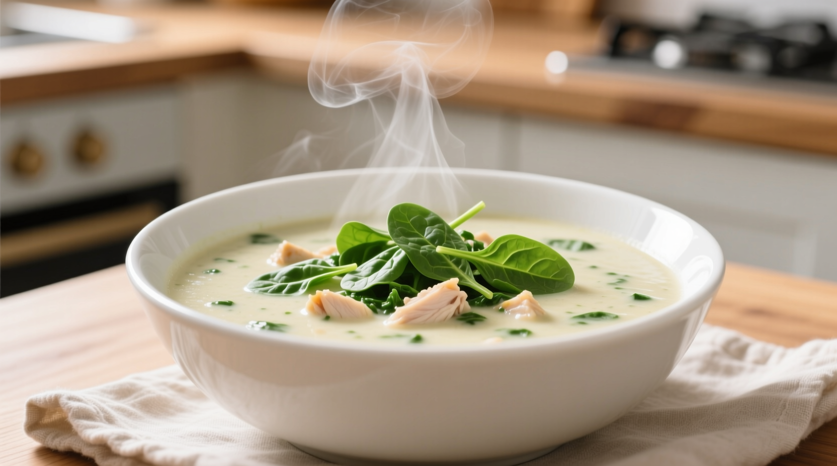 Cream of chicken spinach soup in white bowl with fresh spinach garnish