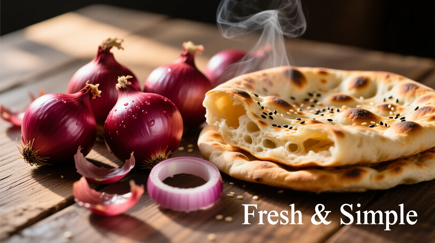 Red onions arranged beside freshly made kulcha bread