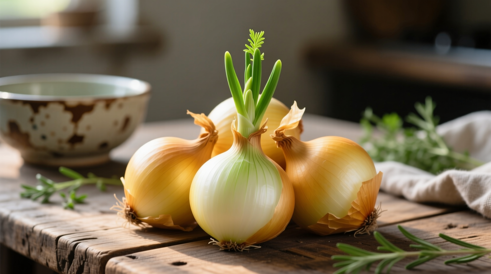 Fresh yellow onions with papery skin and green shoots