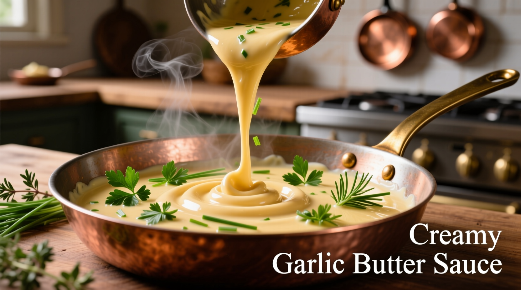 Creamy garlic butter sauce in copper pan with fresh herbs