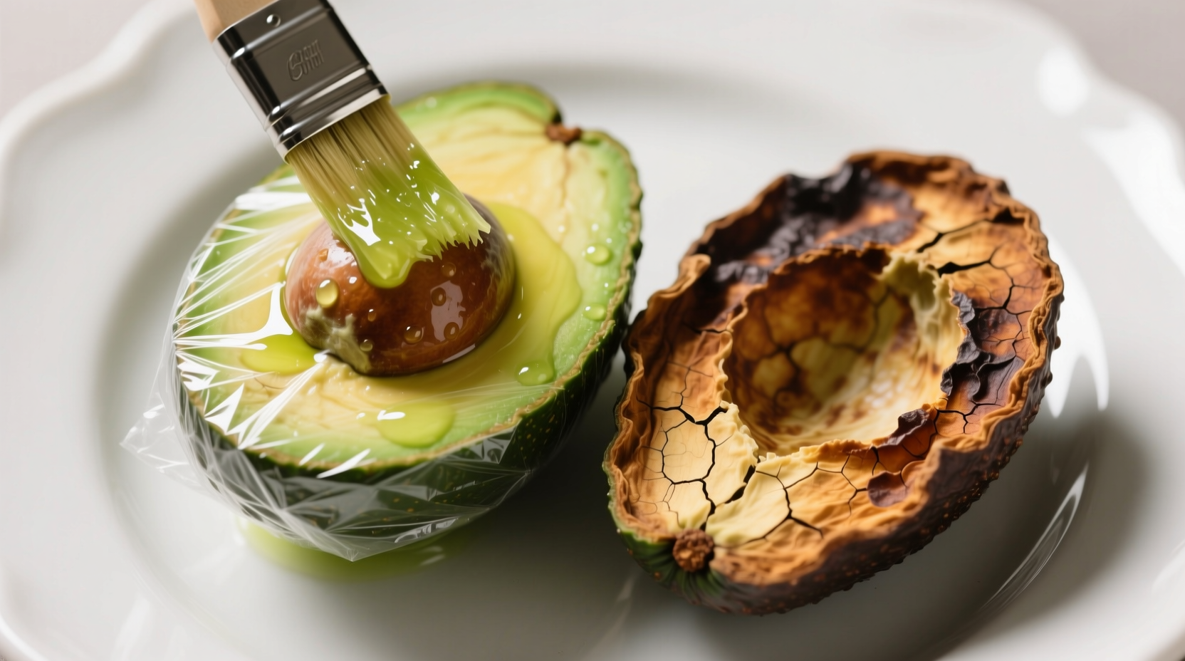 Top-down photo of a halved avocado on a white ceramic plate: one half rubbed evenly with lime juice and tightly sealed with translucent plastic wrap pressed flush against the green flesh; the other half left uncovered and visibly browned at edges.