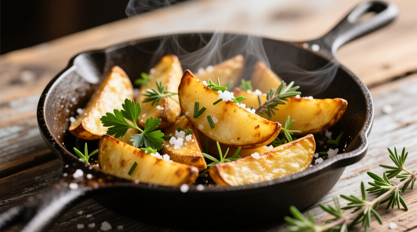 Golden brown potato wedges with fresh herbs