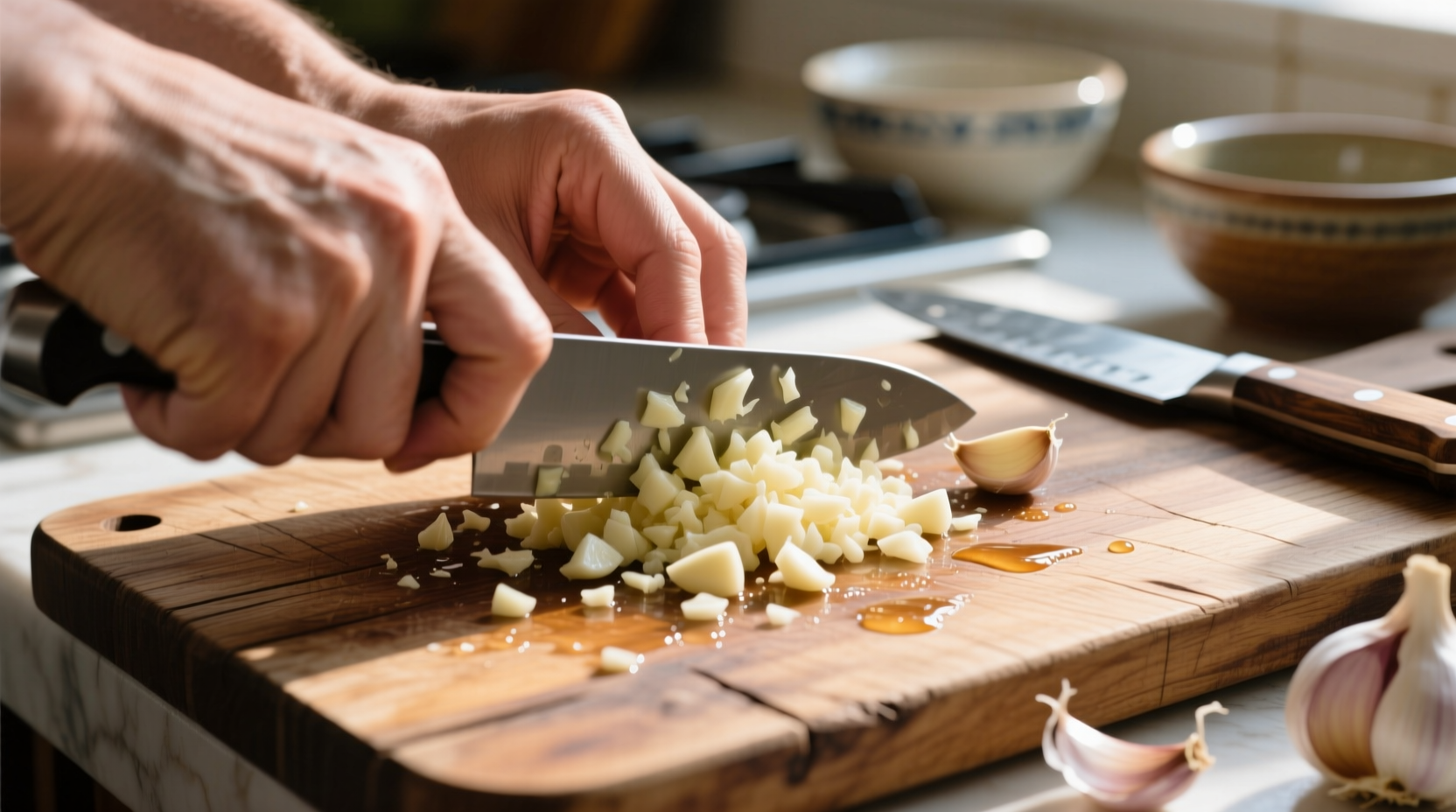 Hand mincing fresh garlic cloves on wooden cutting board