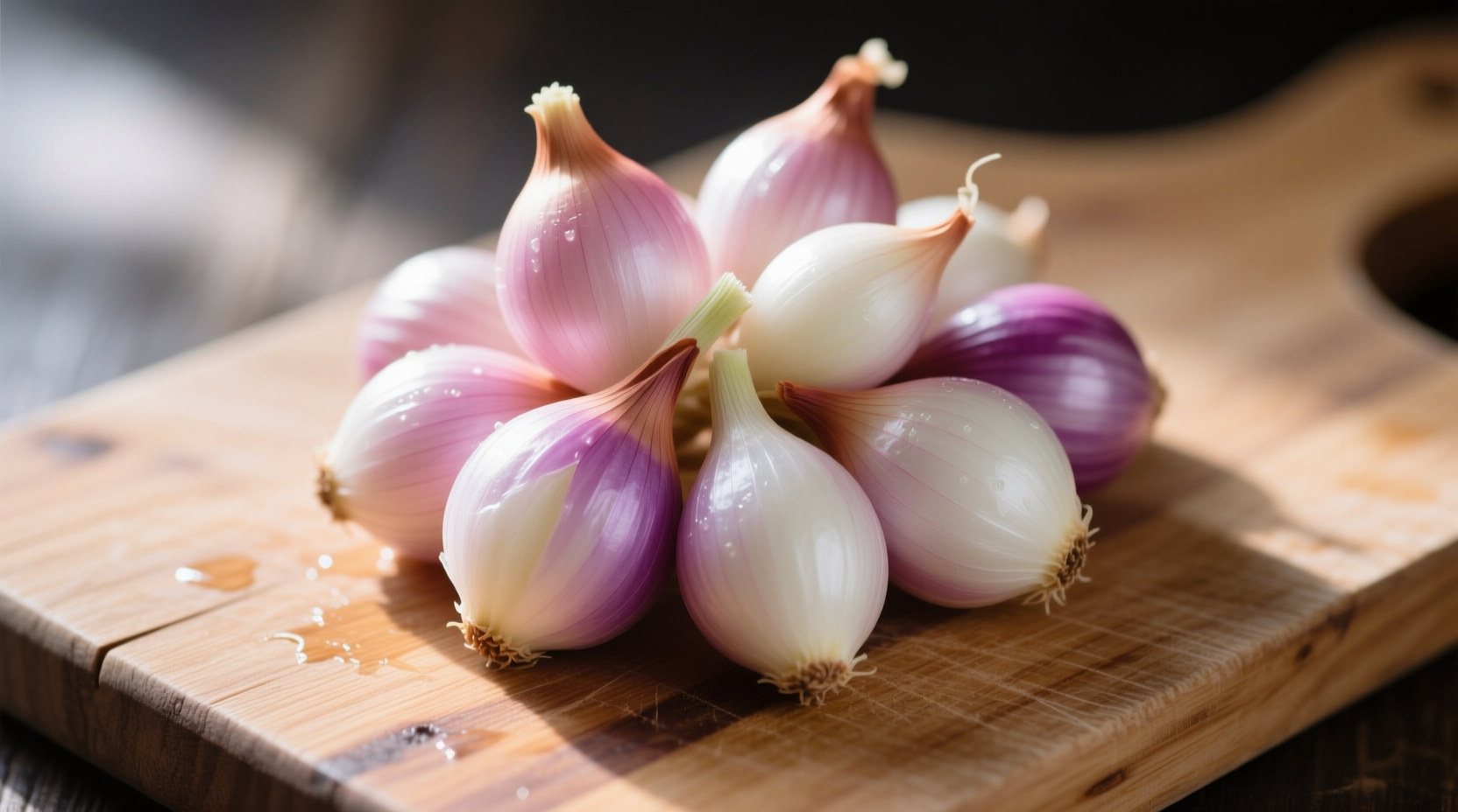Fresh shallot onions with peeled cloves on wooden cutting board
