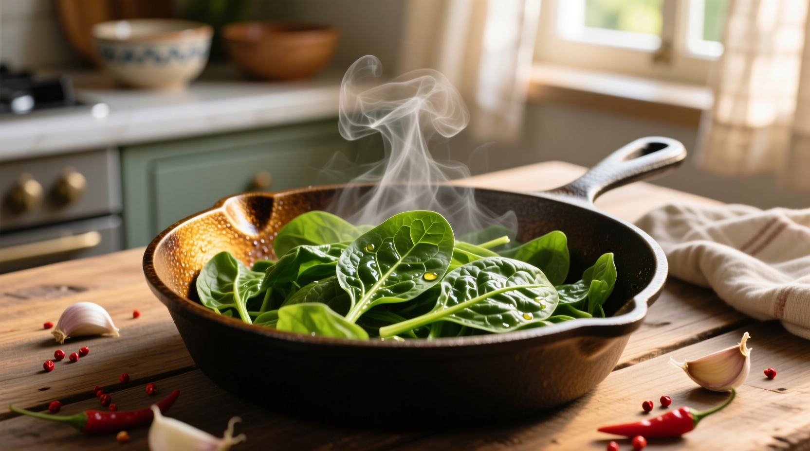 Fresh spinach sautéing in cast iron skillet