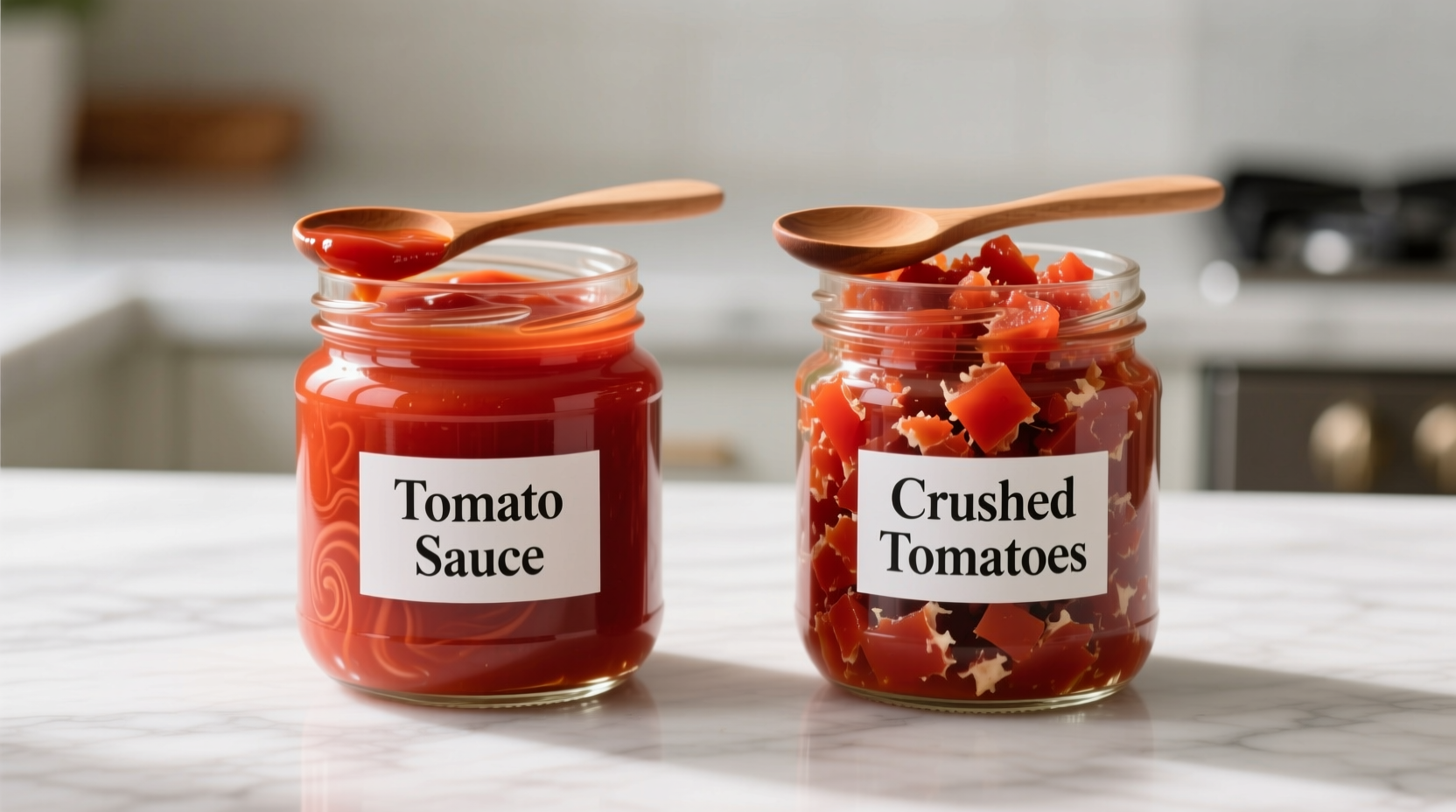 Side-by-side visual comparison of tomato sauce and crushed tomatoes