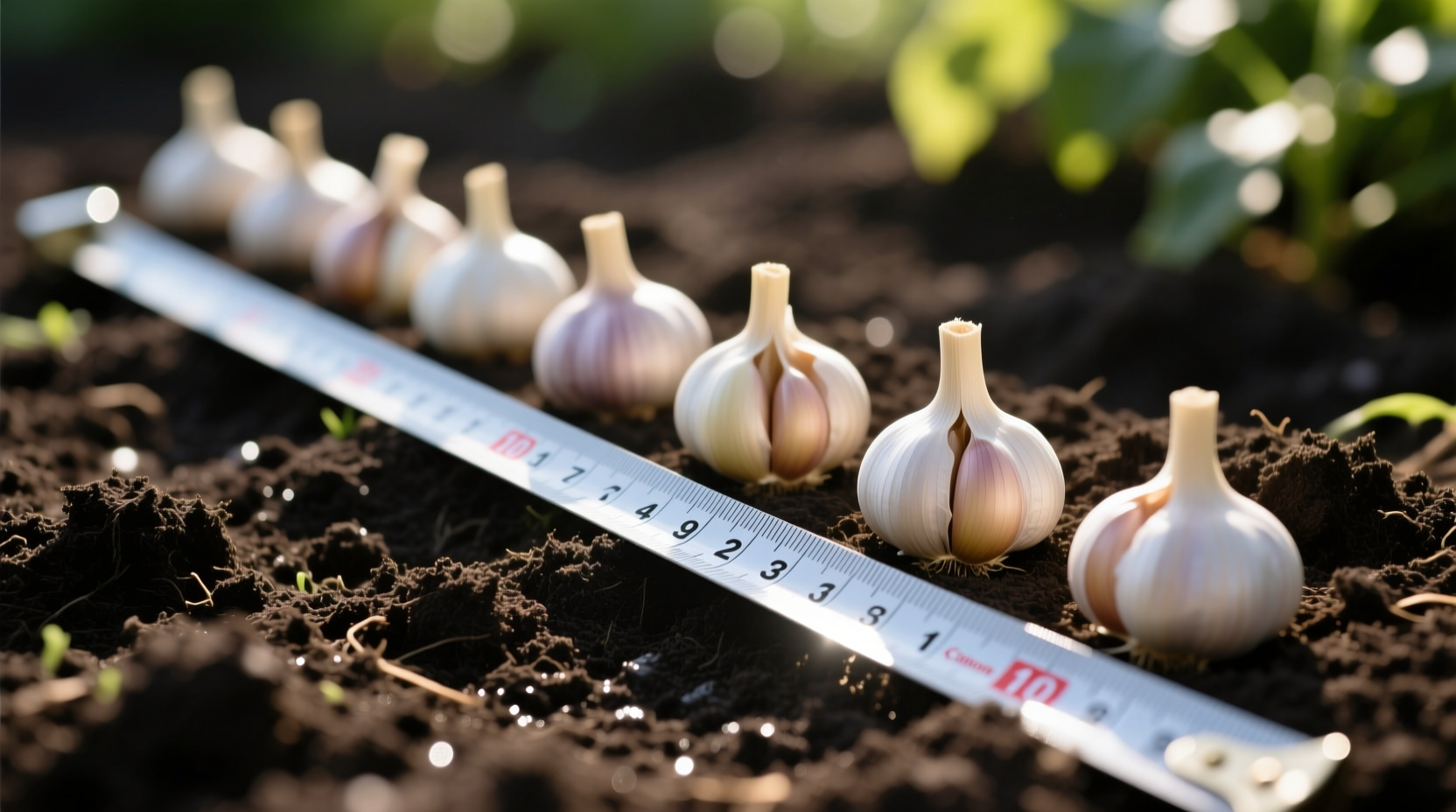 Garlic cloves properly spaced in garden soil with measuring tape