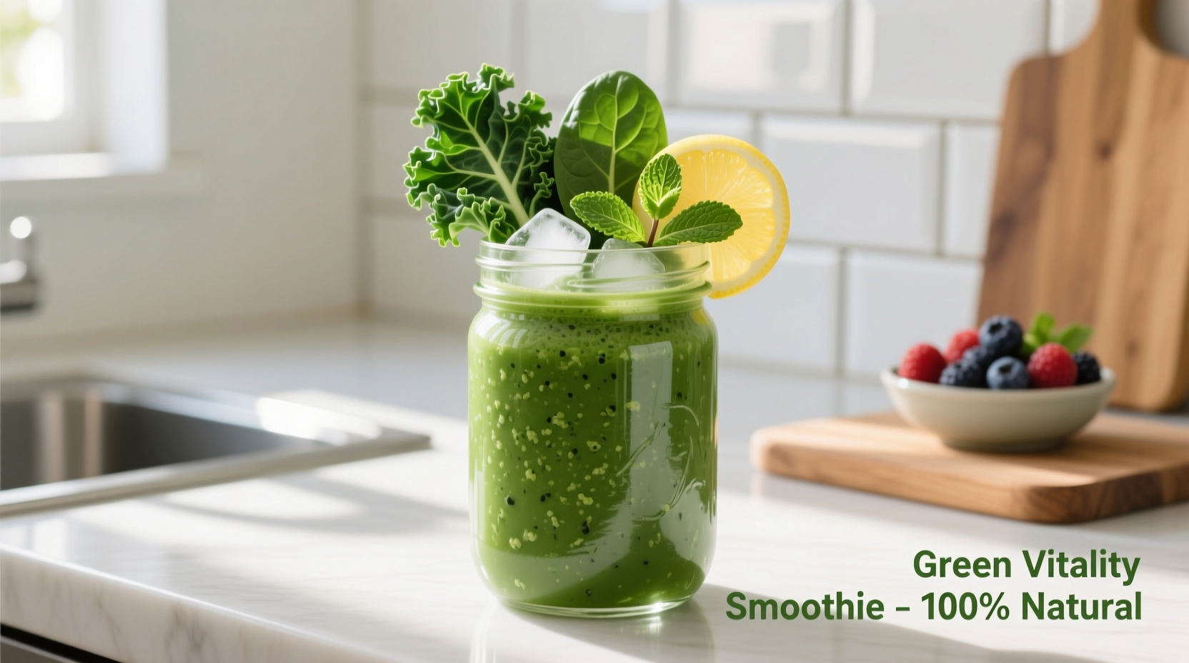 Fresh kale and spinach smoothie in glass with ingredients