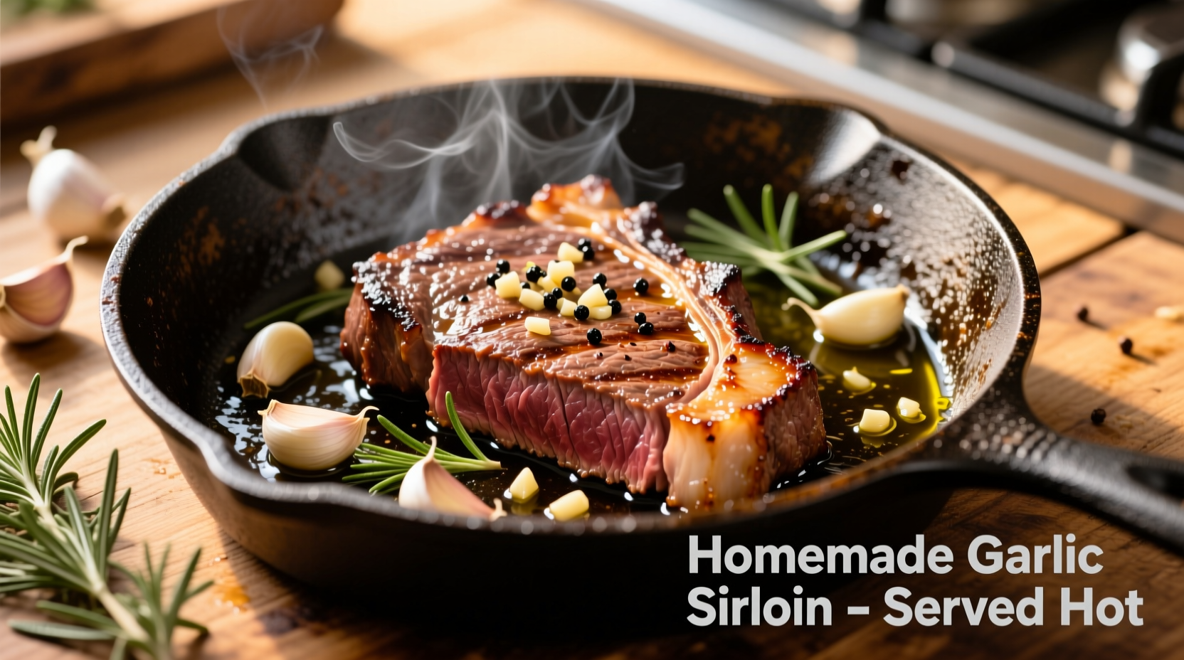 Homemade garlic sirloin skillet in cast iron pan