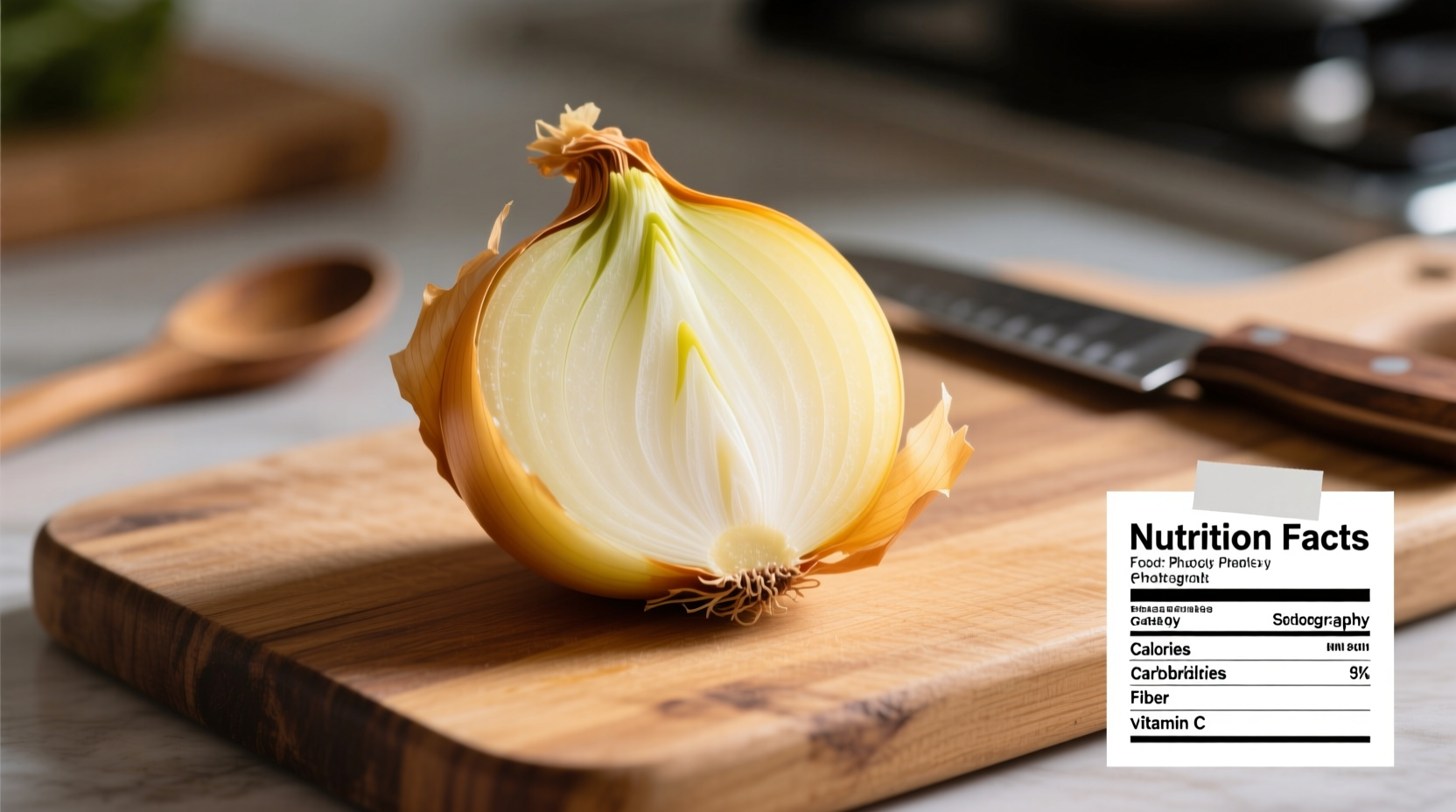 Fresh yellow onion on cutting board with nutrition facts