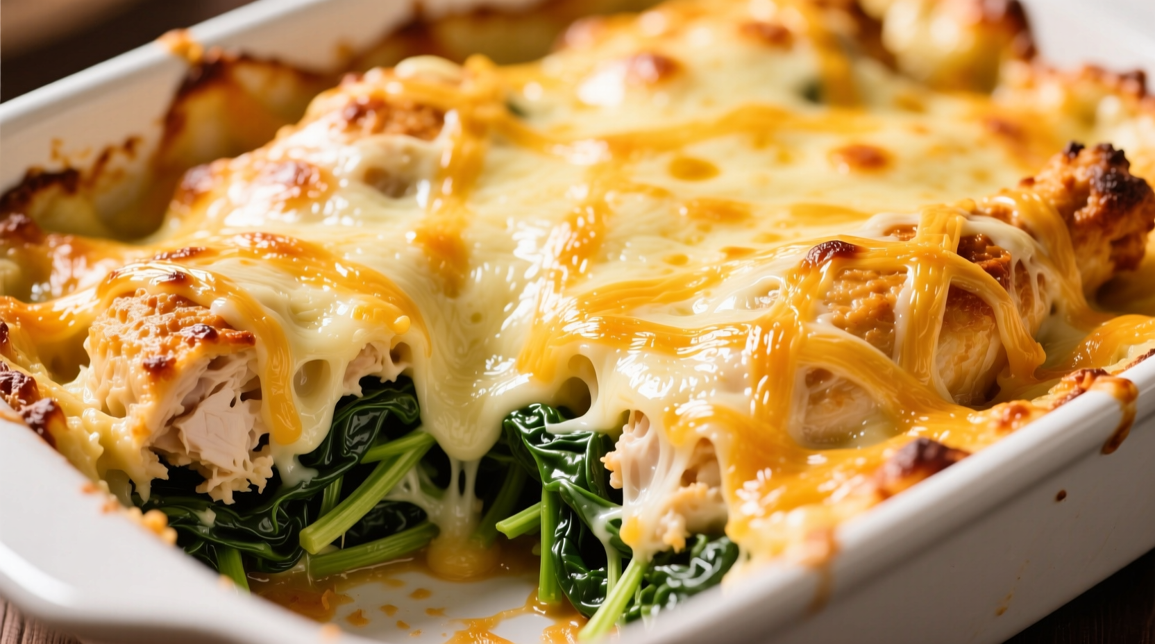 Golden chicken spinach bake with melted cheese topping