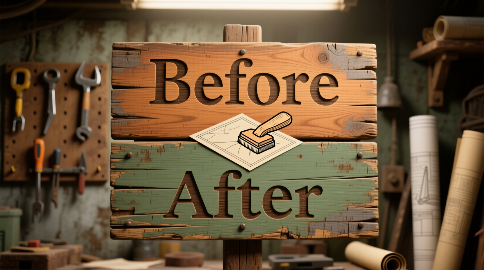 Wooden sign showing before and after rub on transfer application