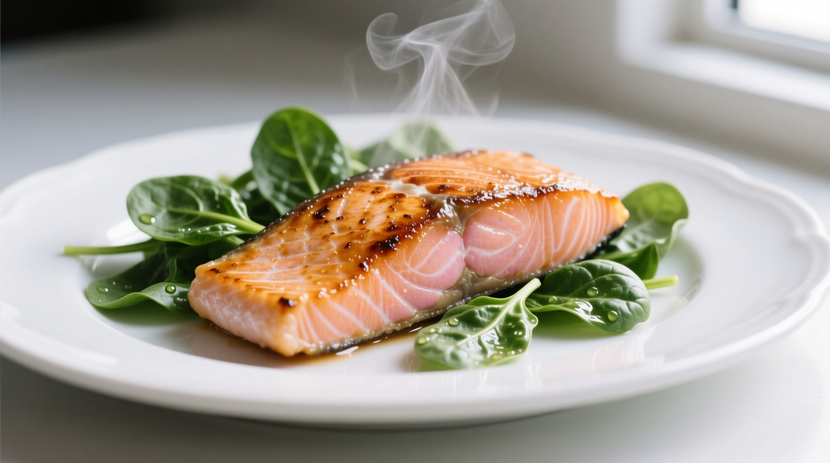 Perfectly cooked salmon fillet with wilted spinach on white plate