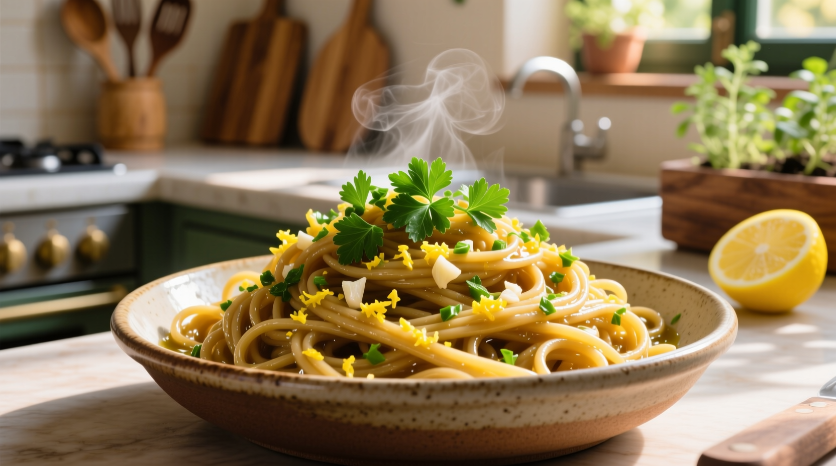 Lemon garlic pasta with fresh parsley garnish