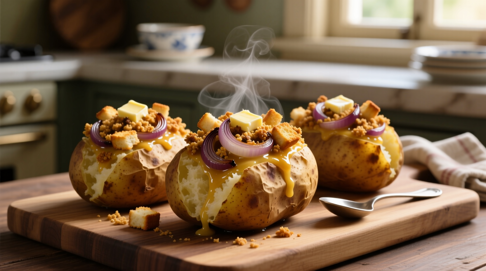 Golden baked potatoes with onion soup mix topping