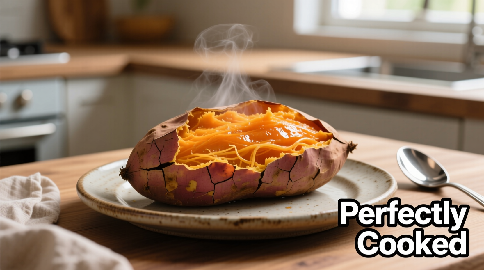 Perfectly cooked microwave sweet potato on plate