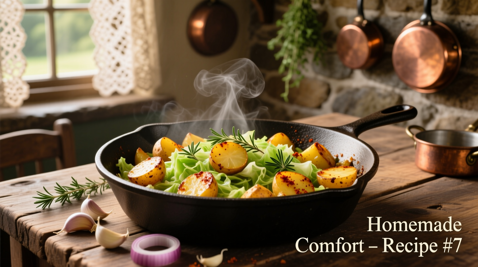 Golden potato cabbage hash in cast iron skillet