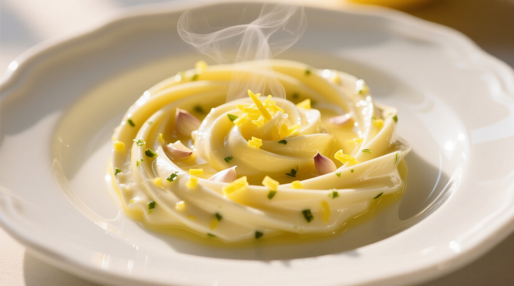 Fresh lemon garlic butter swirl on white plate