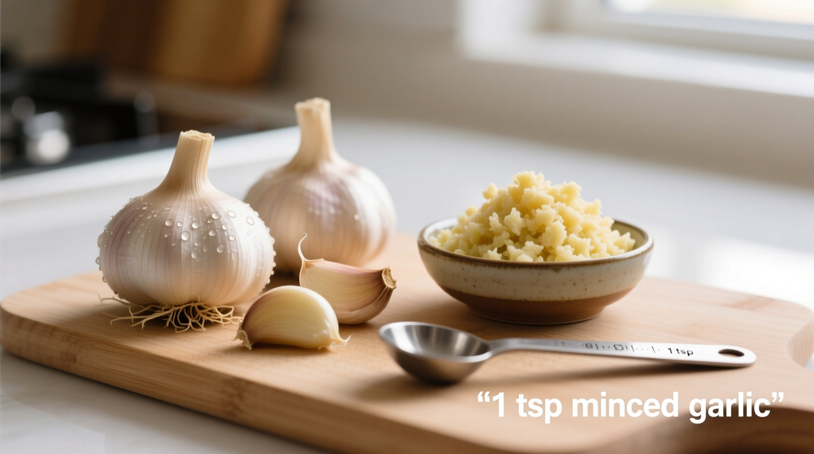 Fresh garlic cloves next to measured minced garlic portions