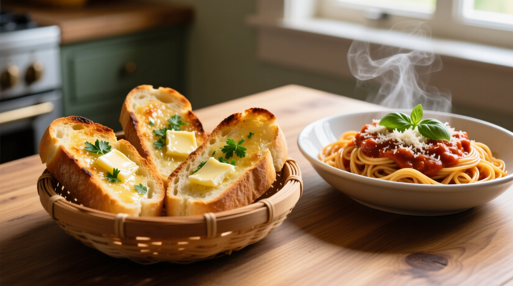 Golden garlic bread slices next to pasta
