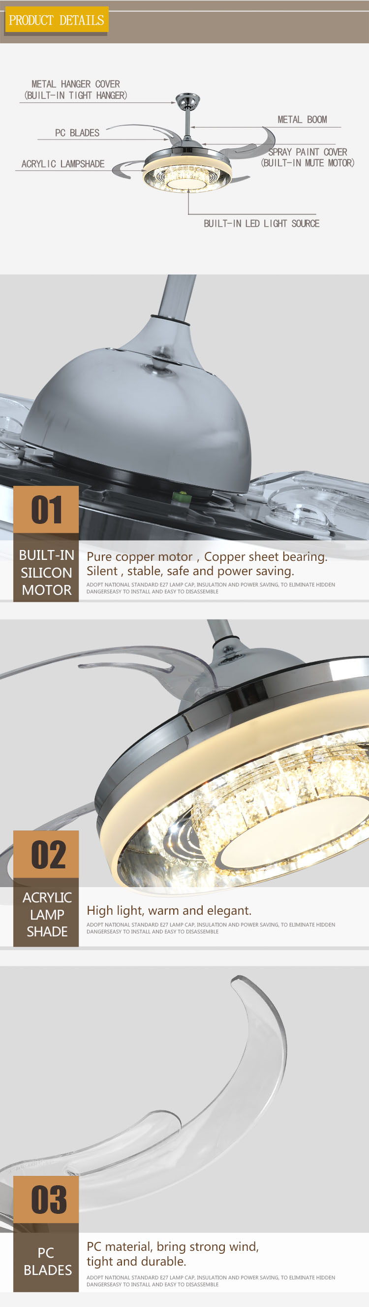 Breezelux Modern luxury Crystal Chandelier  ceiling fan