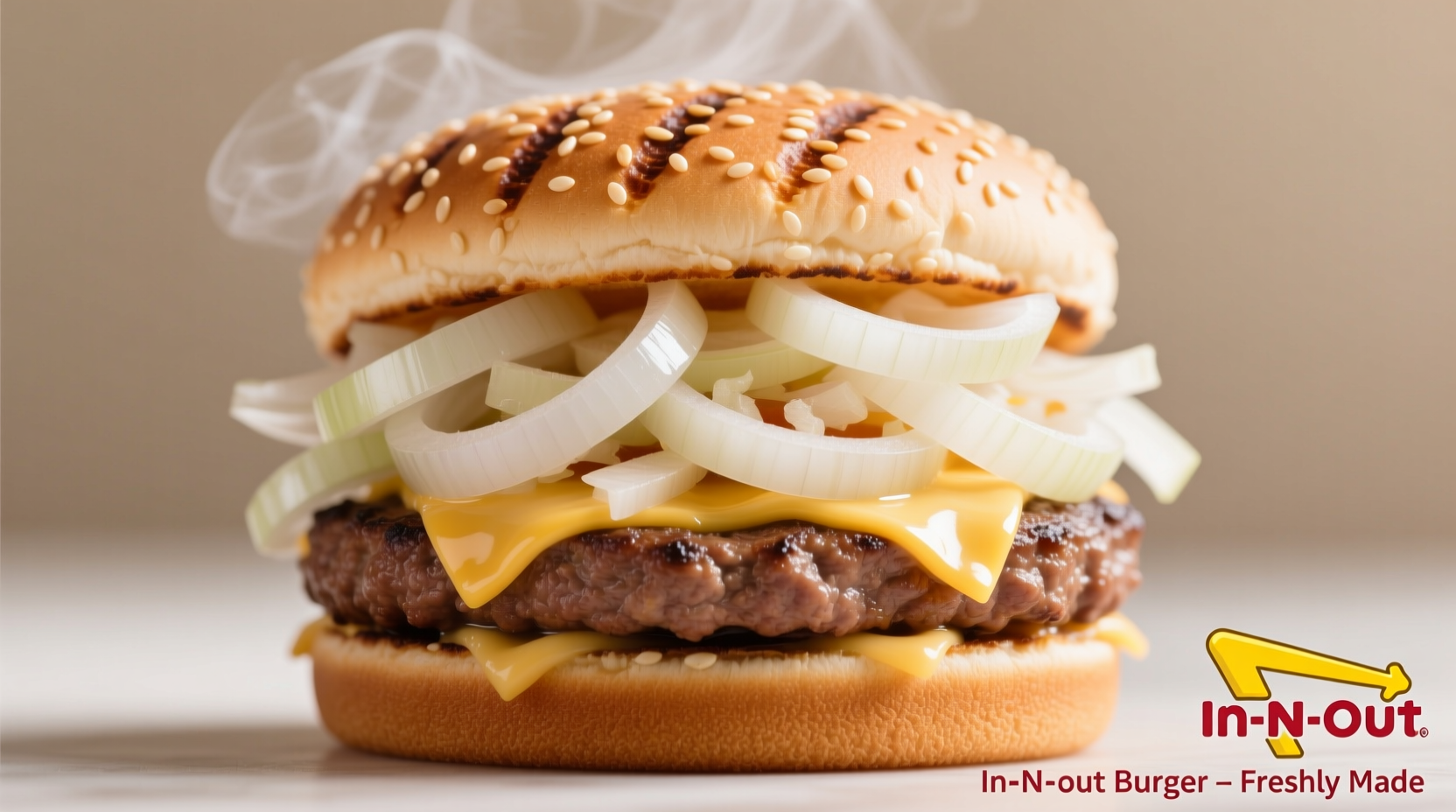 Freshly prepared In-N-Out onion burger with visible raw onions
