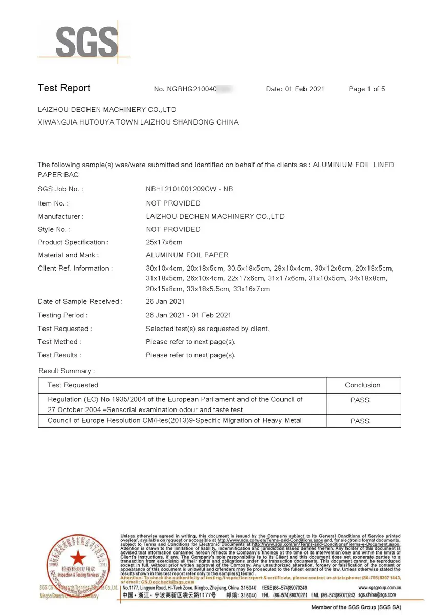 Certificado de bolsa de papel de aluminio