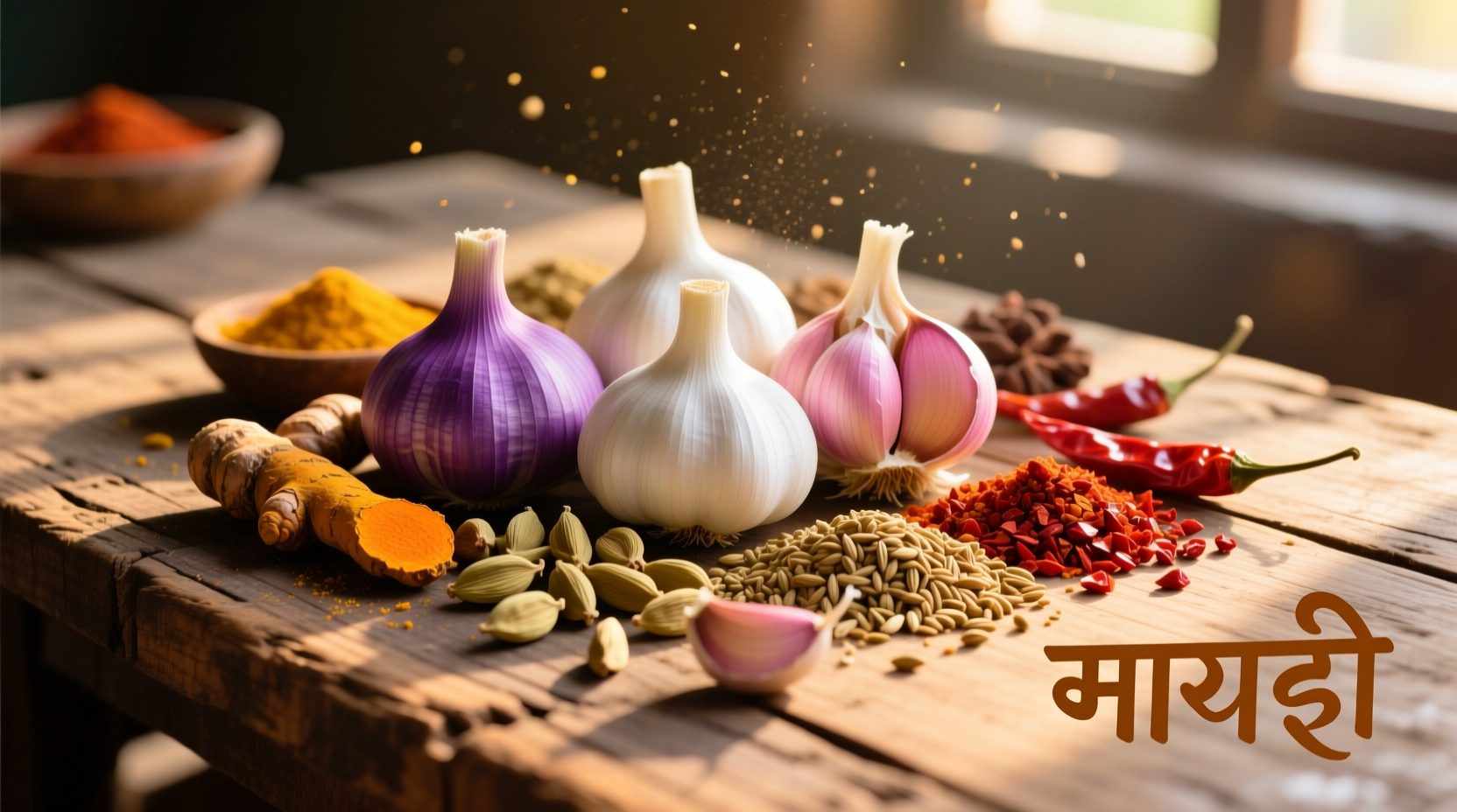 Traditional Indian spices including garlic varieties on wooden surface