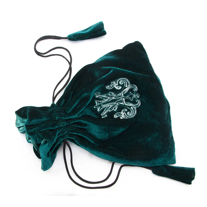 Custom Design Luxury Embroidery Logo Small Gift Coin Jewelry Green Plush Flannel Velvet Drawstring Bag Satin Lining