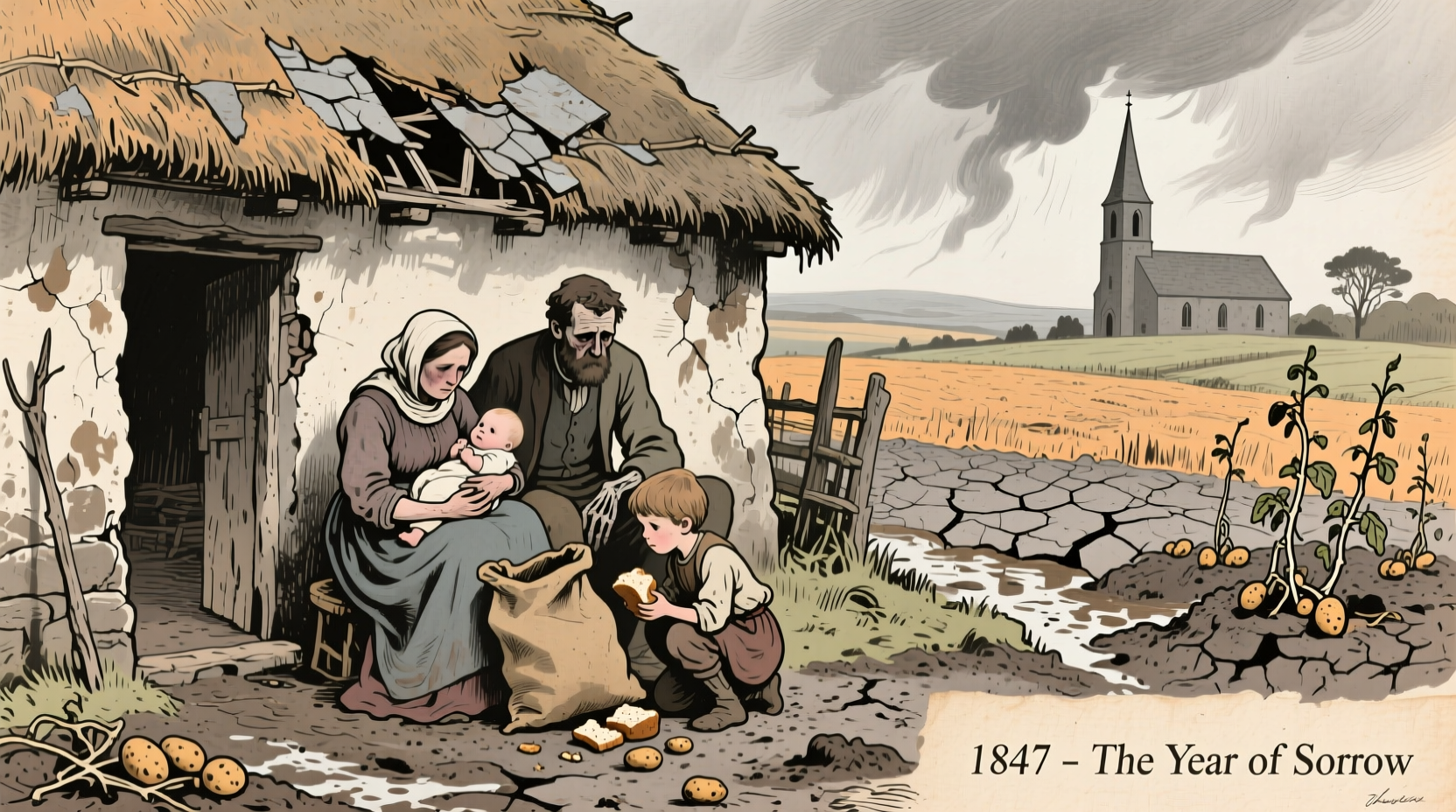 Historical illustration of Irish potato famine conditions