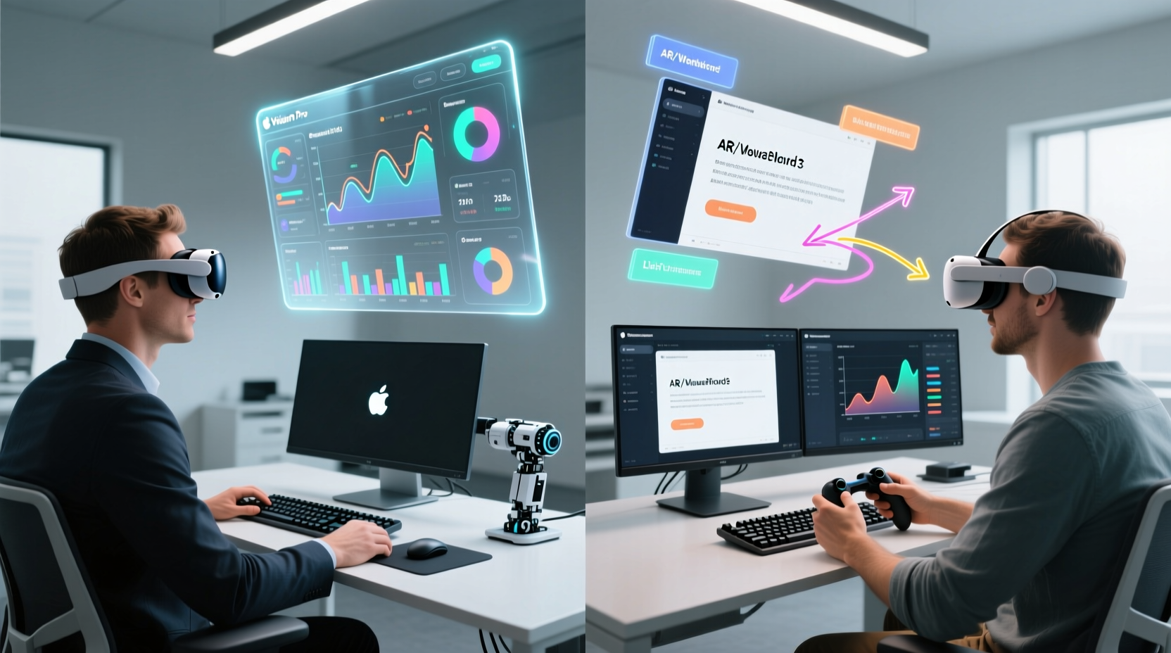 Side-by-side comparison: a professional using Apple Vision Pro to view a large financial dashboard floating beside a physical MacBook, while another uses Quest 3 controllers to annotate a shared slide deck—both setups include a mechanical keyboard and external monitor in frame.